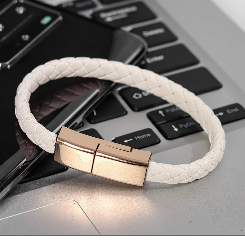 Fashion Leather Charging Bracelet – Portable USB Cable for Android & iPhone