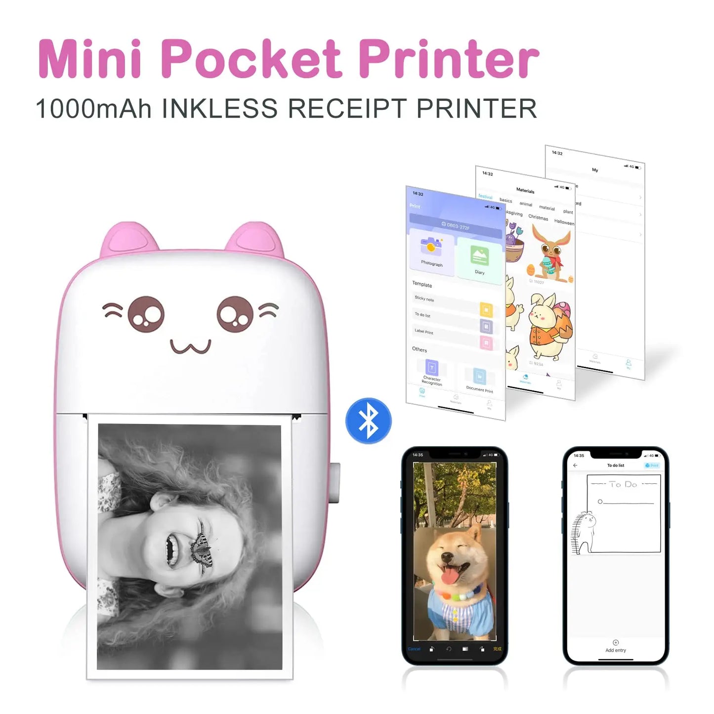 Cute Cat Mini Printer – Wireless 58mm Thermal Photo & Label Printer
