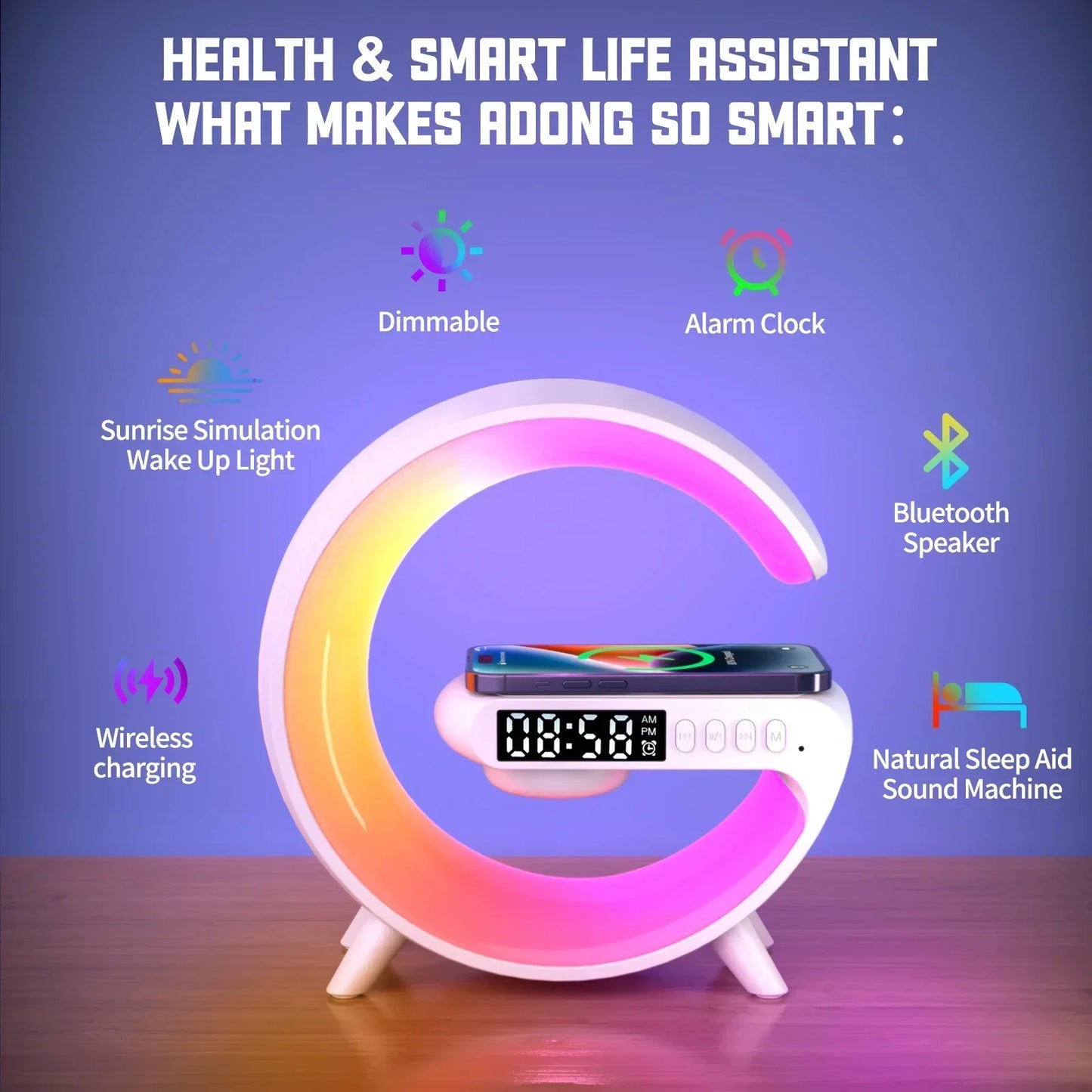 “3-in-1 Wireless Charger Stand Alarm Clock & Bluetooth Speaker